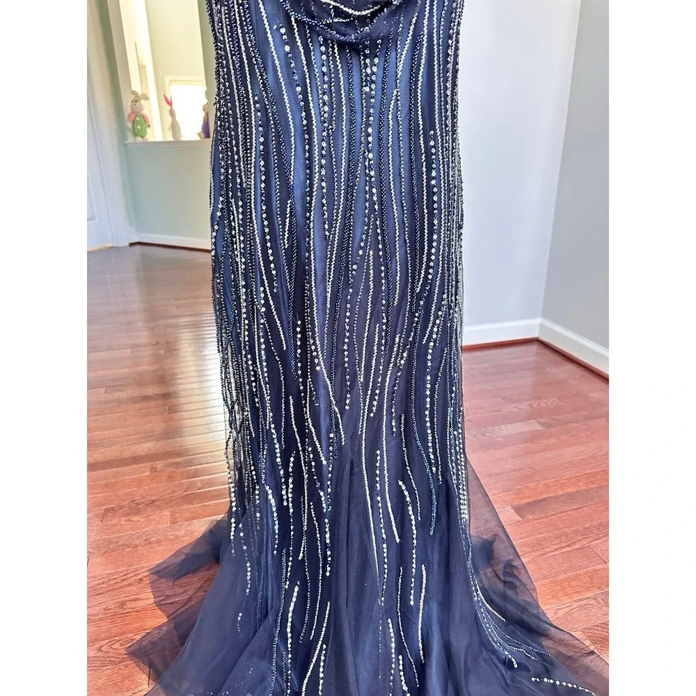 Luxury Pronovias Navy Blue Beaded Embellished Plunge Open Low Back Gown Dress - Picture 9 of 12